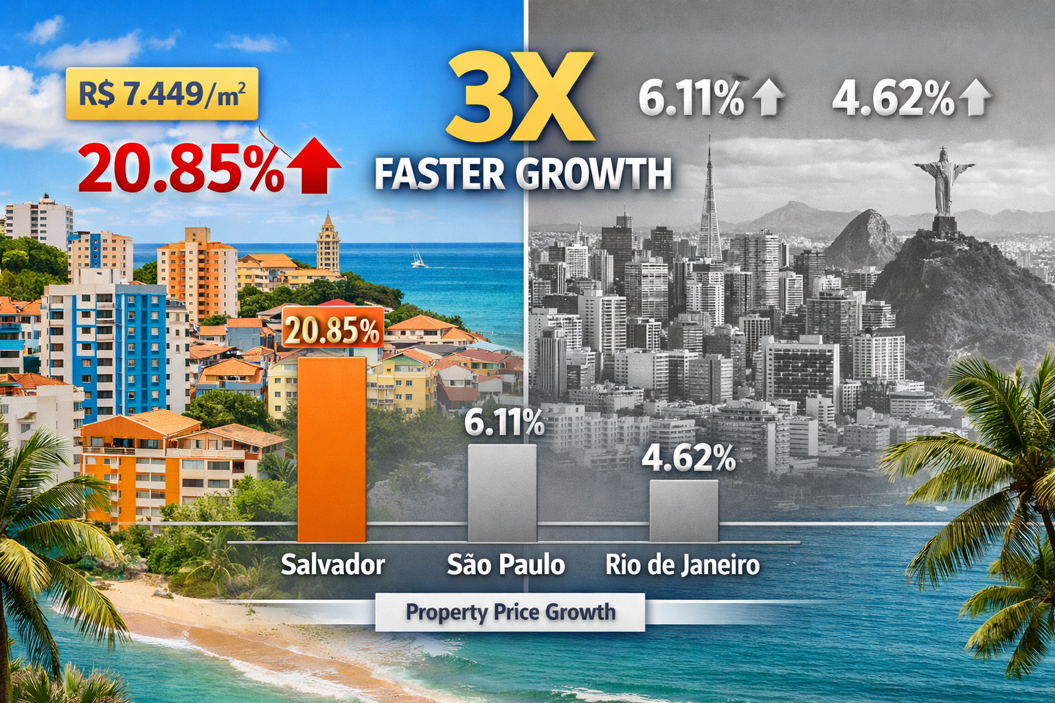 Detailed () image showing split-screen comparison of Salvador's central districts versus São Paulo and Rio de Janeiro