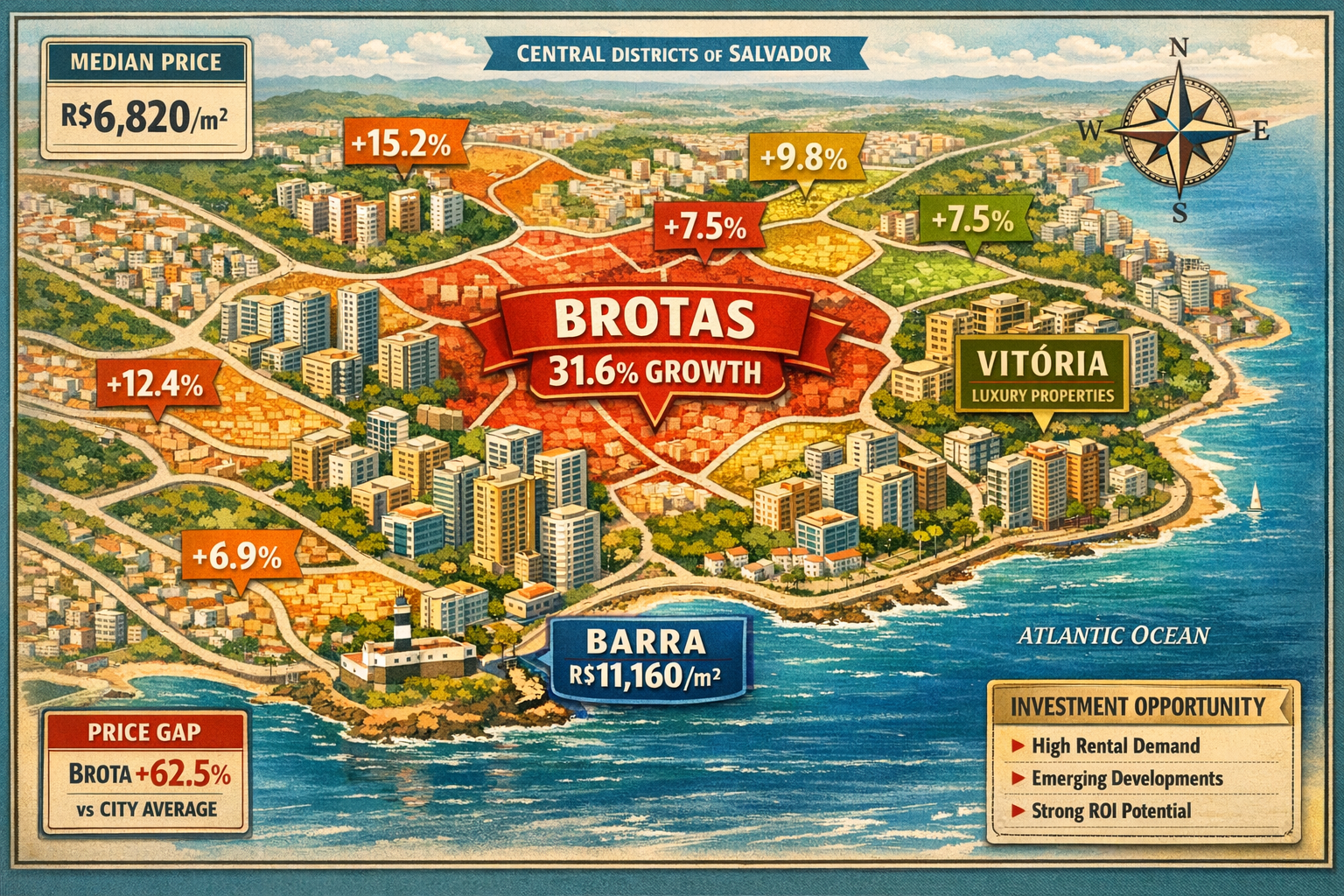Detailed () image depicting detailed neighborhood map of Salvador's central districts with color-coded zones showing price