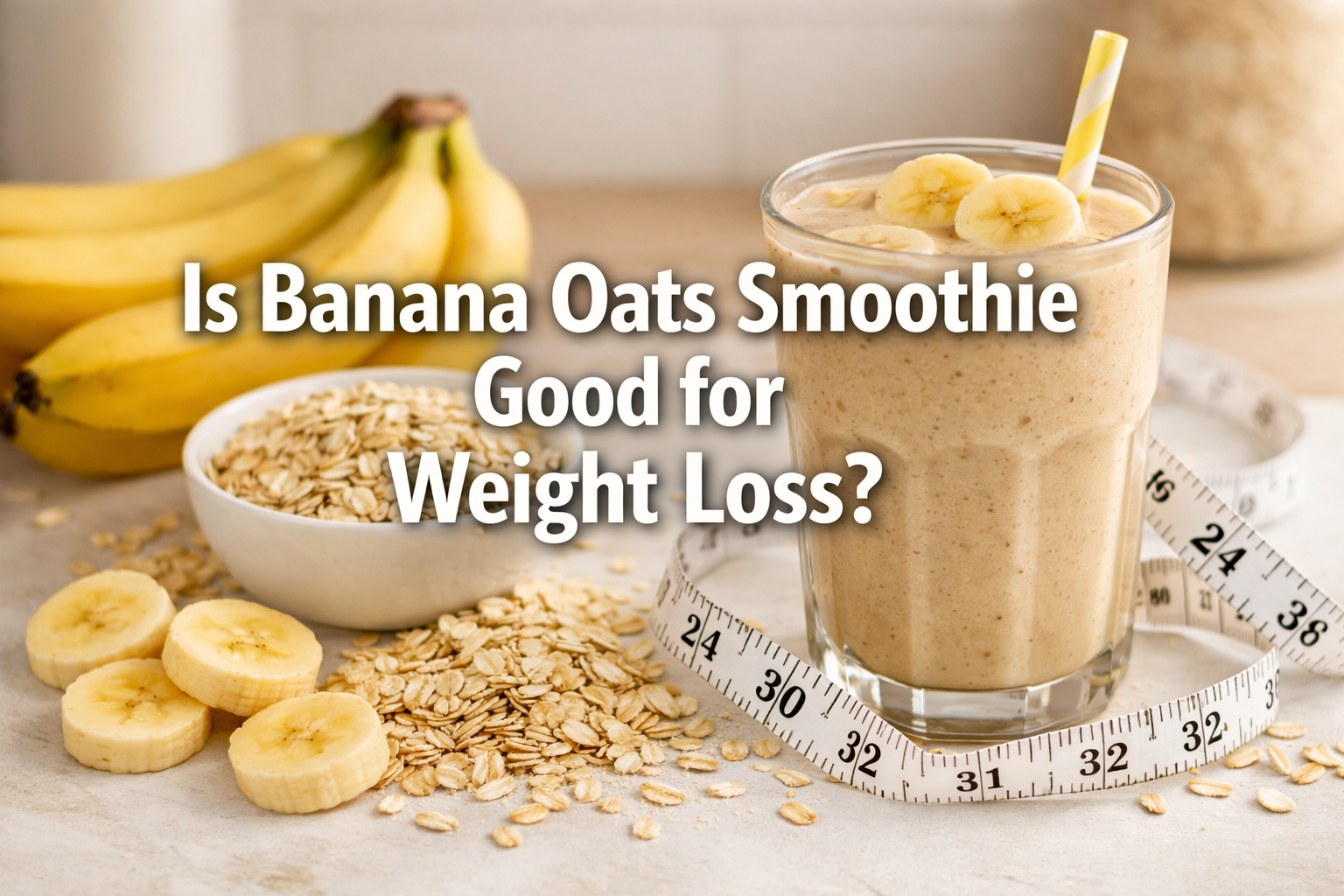 Professional landscape hero image (1536x1024) featuring bold text overlay 'Is Banana Oats Smoothie Good for Weight Loss?' in extra large 72p