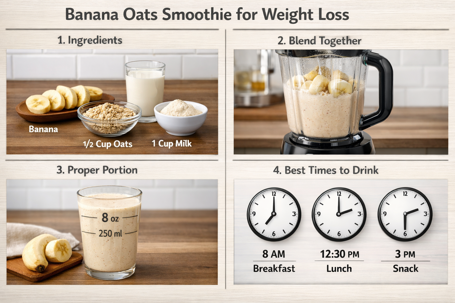 Step-by-step visual guide showing proper banana oats smoothie preparation for weight loss in 4 sequential panels. First panel shows ingredie