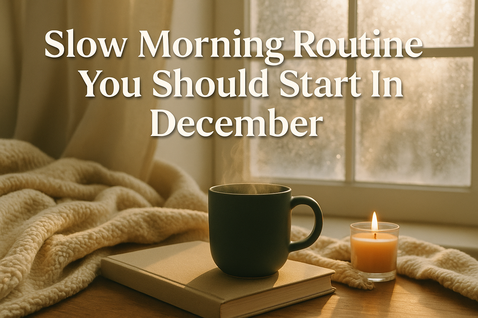 Professional landscape hero image (1536x1024) featuring bold text overlay 'Slow Morning Routine You Should Start In December' in extra large