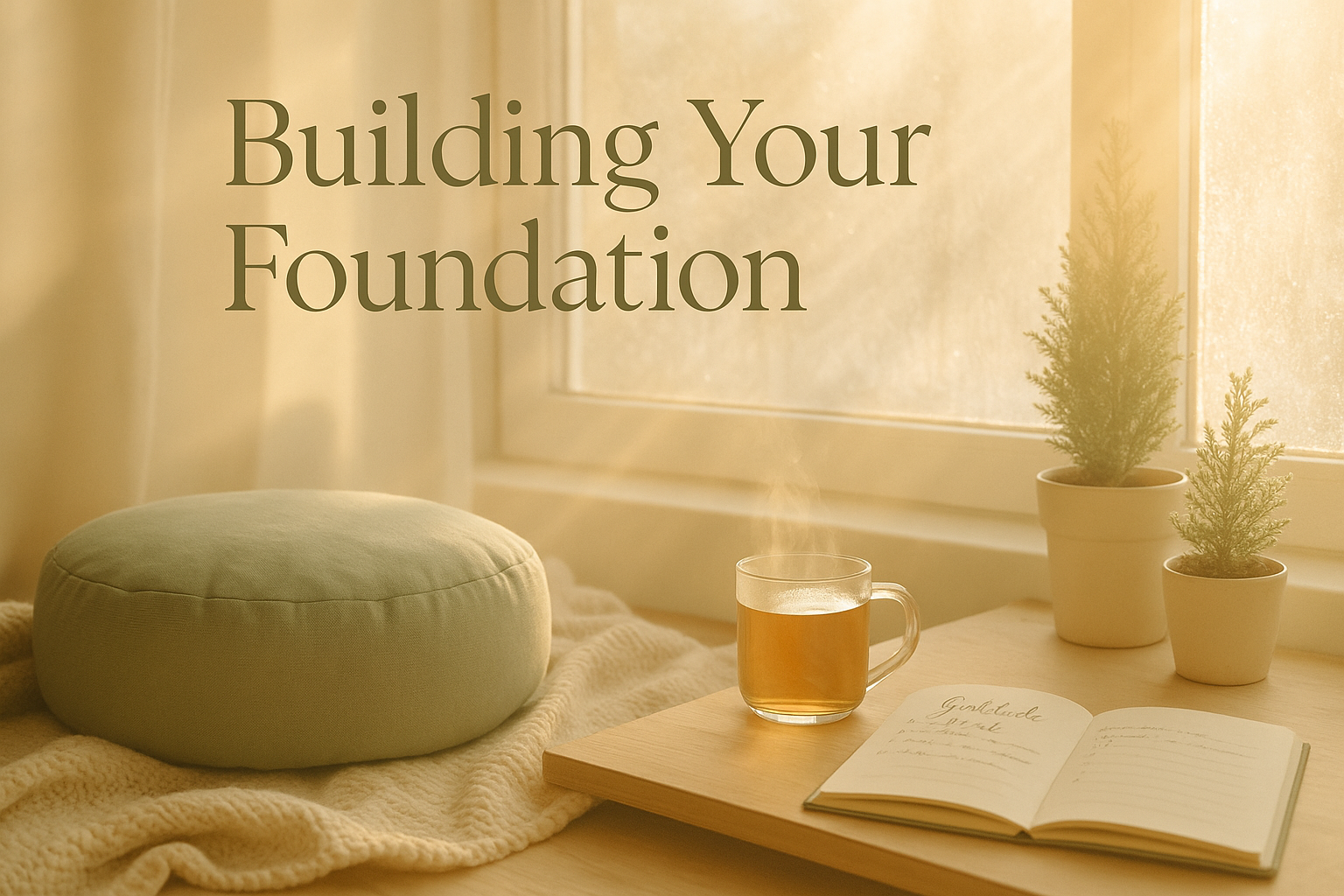 Landscape image (1536x1024) showing peaceful December morning setup with meditation cushion, soft morning light through frosted window, stea