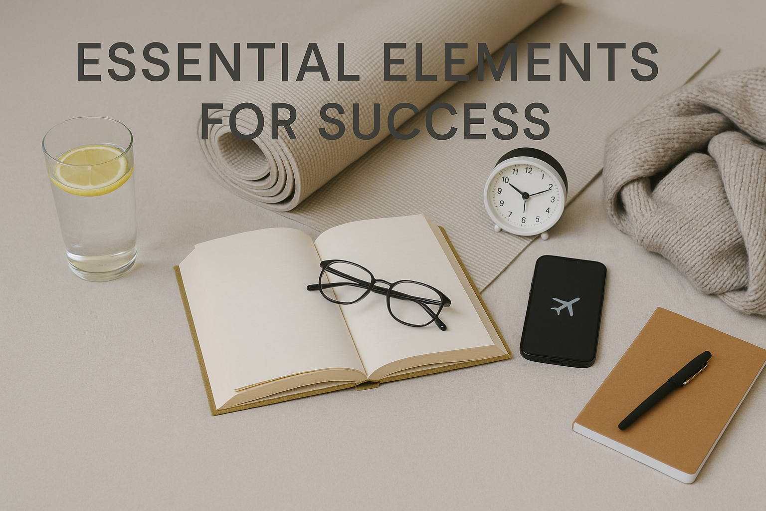 Landscape image (1536x1024) displaying organized morning routine elements laid out aesthetically: water glass with lemon, yoga mat partially