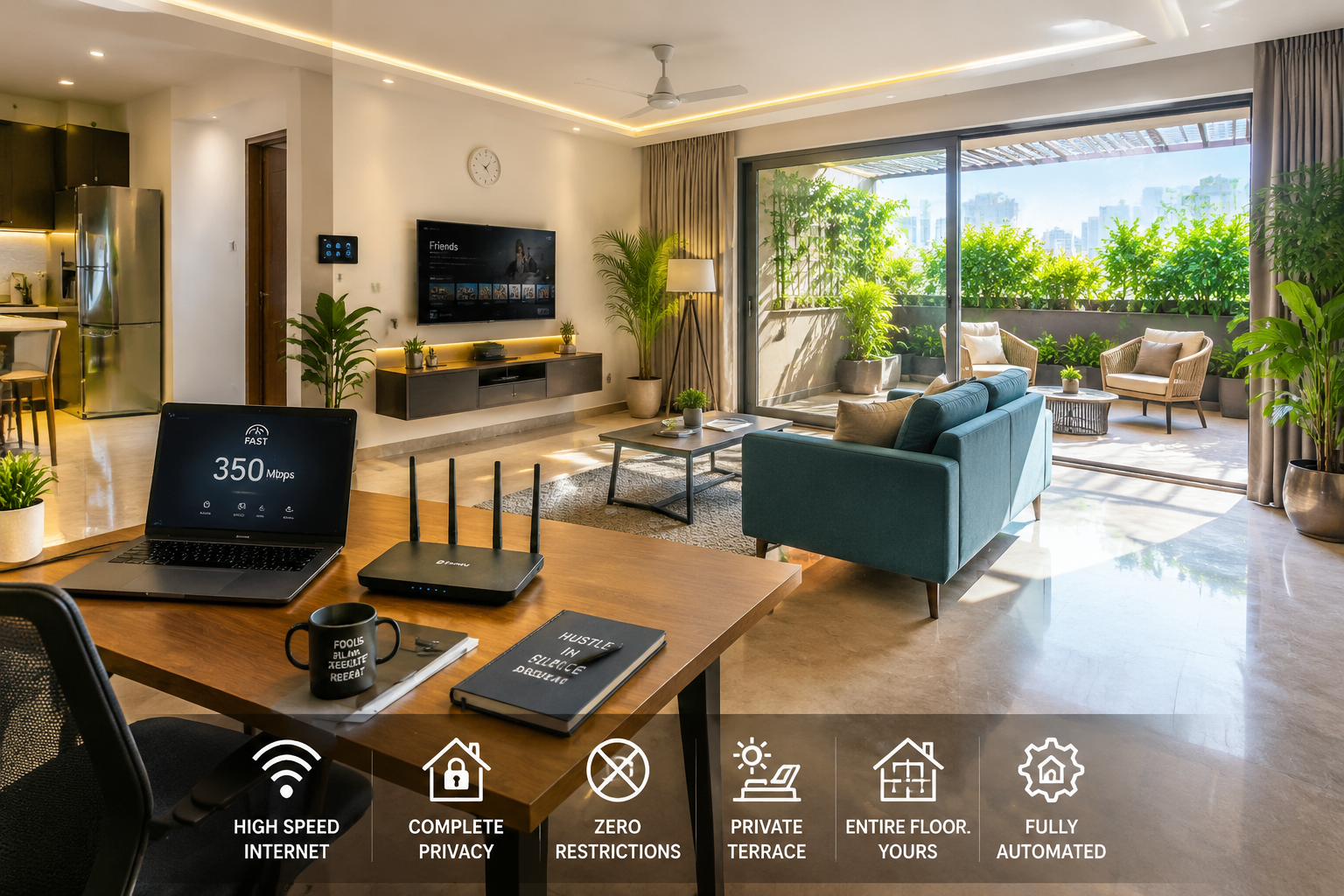 Detailed () image showcasing a 'complete floor' Airbnb in Gurgaon, specifically near Udyog Vihar. The image captures a
