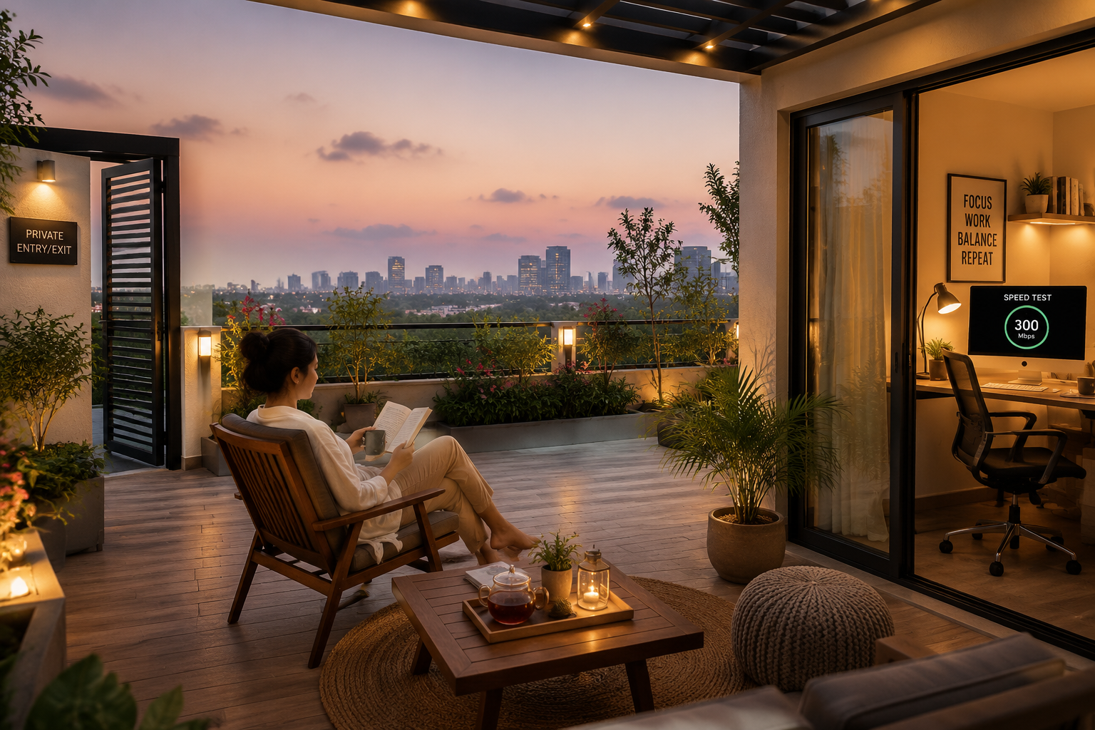 Detailed () image illustrating a person enjoying a peaceful moment on a private terrace of an Airbnb in Gurgaon, overlooking