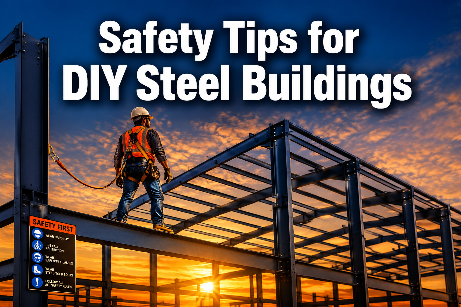 Professional () hero image with : 'Safety Tips for DIY Steel Buildings' in extra large white with dark drop , centered in