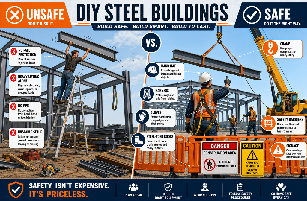 Detailed () editorial illustration showing a split-scene comparison: left side depicts a lone DIY builder without proper