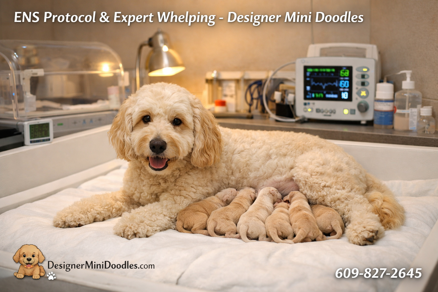 () photograph of a professional whelping room with a mother goldendoodle nursing tiny puppies on clean white bedding,