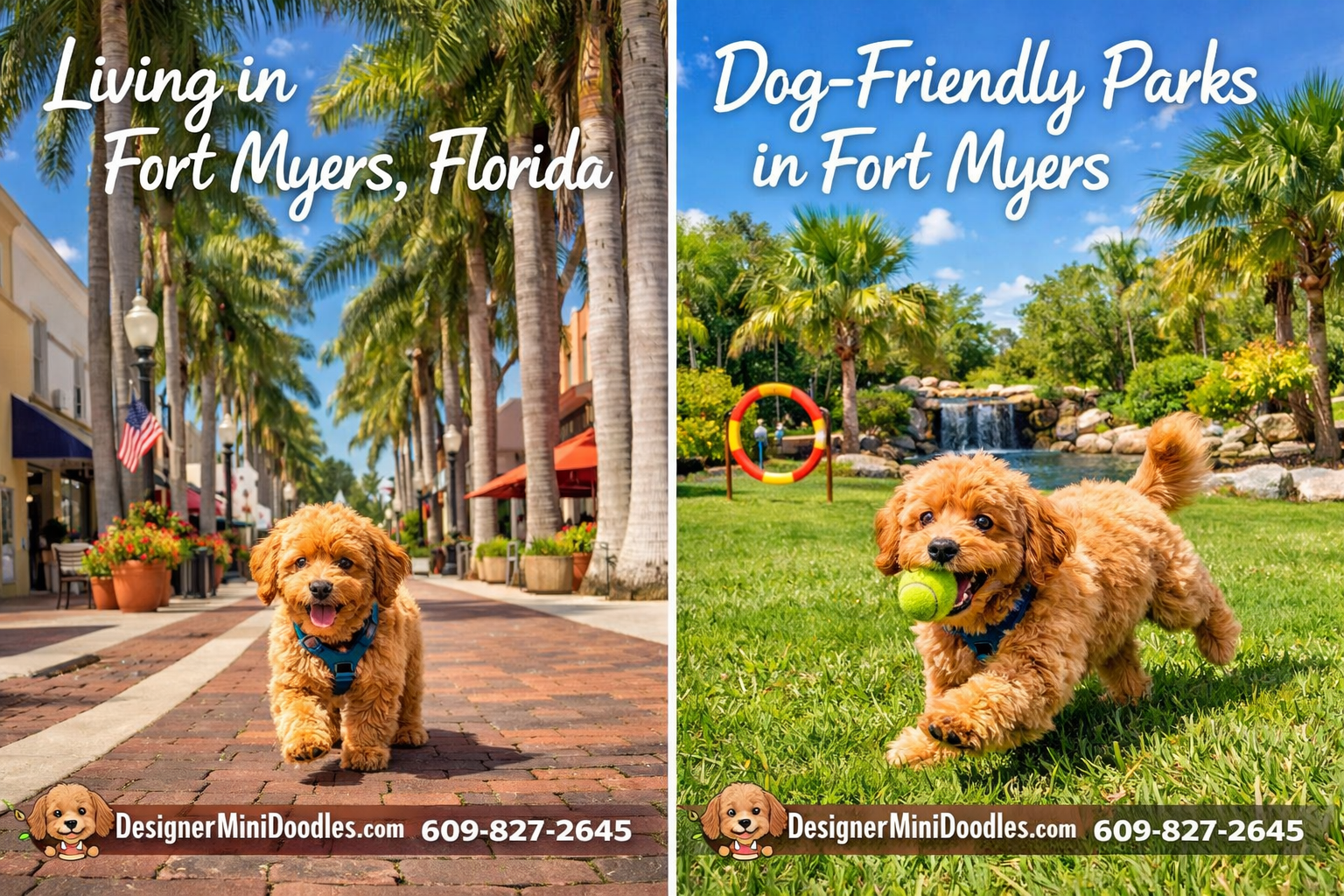 () split image showing Fort Myers Florida lifestyle with mini goldendoodle: left side shows a tiny apricot goldendoodle
