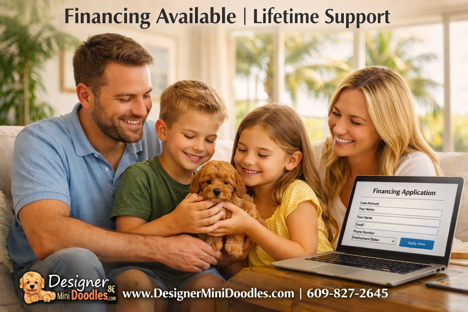 () warm photograph of a happy family with children holding a tiny micro mini goldendoodle puppy in their living room, with a