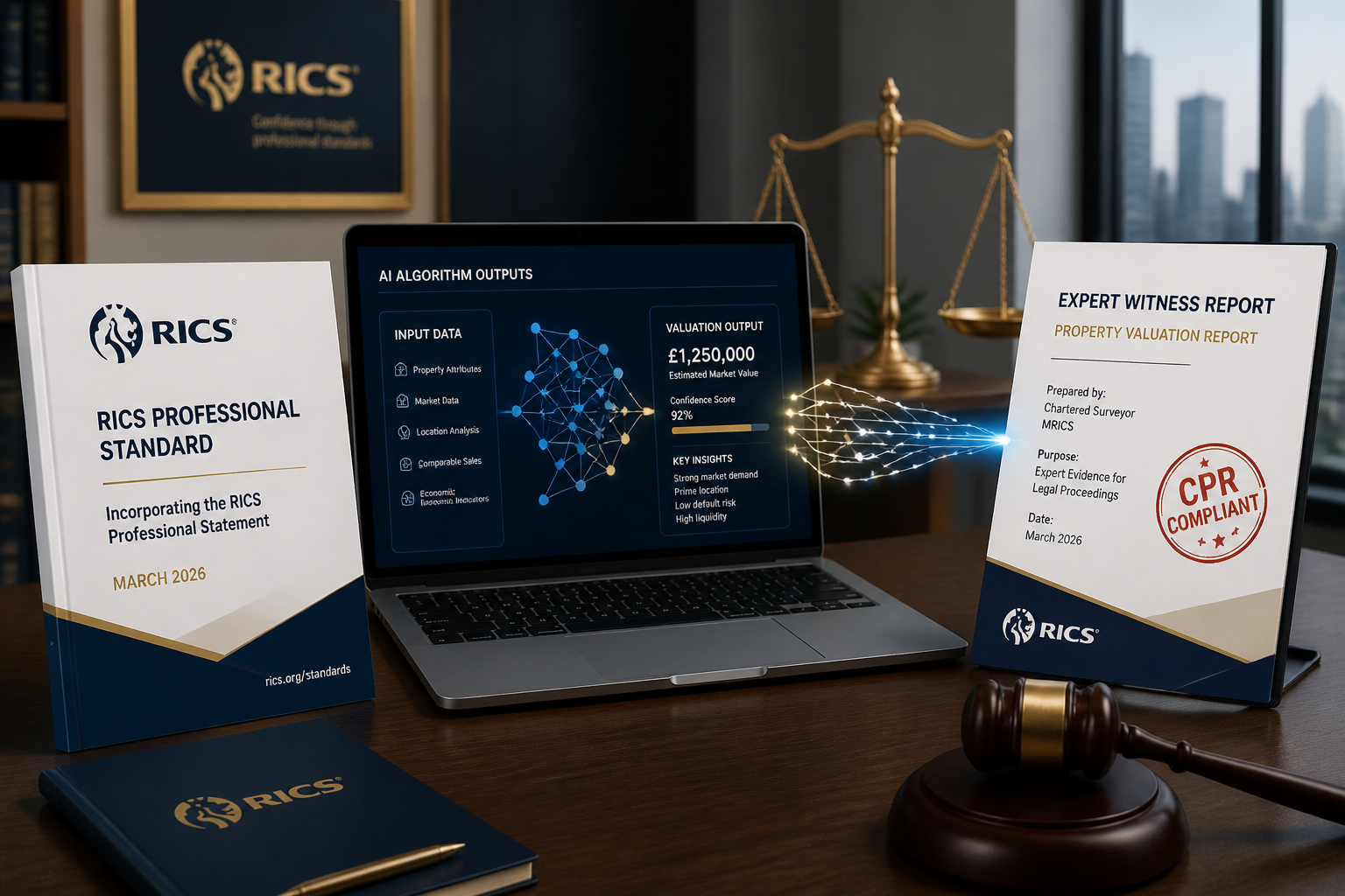 Detailed () infographic-style illustration showing a RICS professional standard document dated March 2026 on a desk beside a