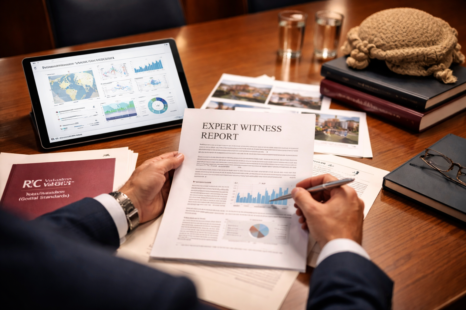 () showing a close-up aerial view of a UK chartered surveyor in professional attire reviewing a printed expert witness