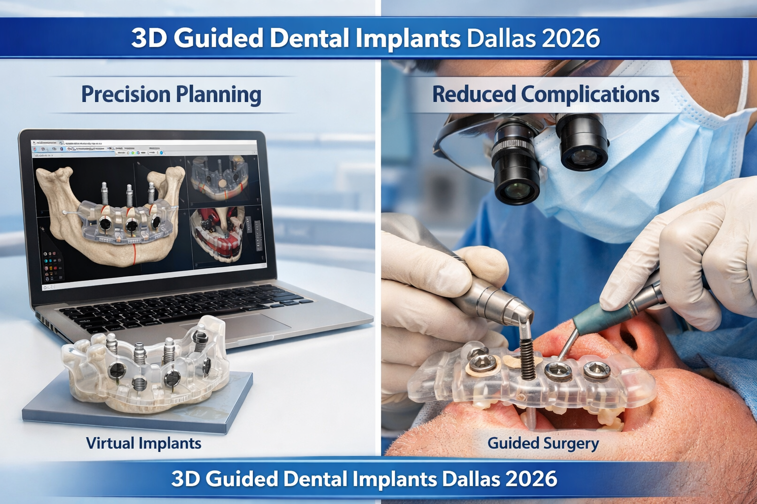 A detailed illustration showcasing the 3D guided dental implant process in a Dallas dental clinic. The image should feature a side-by-side c