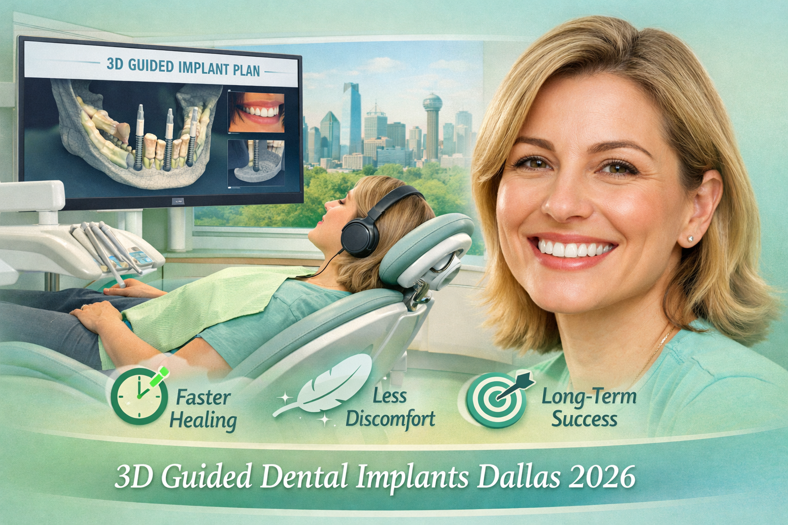 A composite image demonstrating the enhanced patient experience and outcomes with 3D guided dental implants. One part of the image shows a c