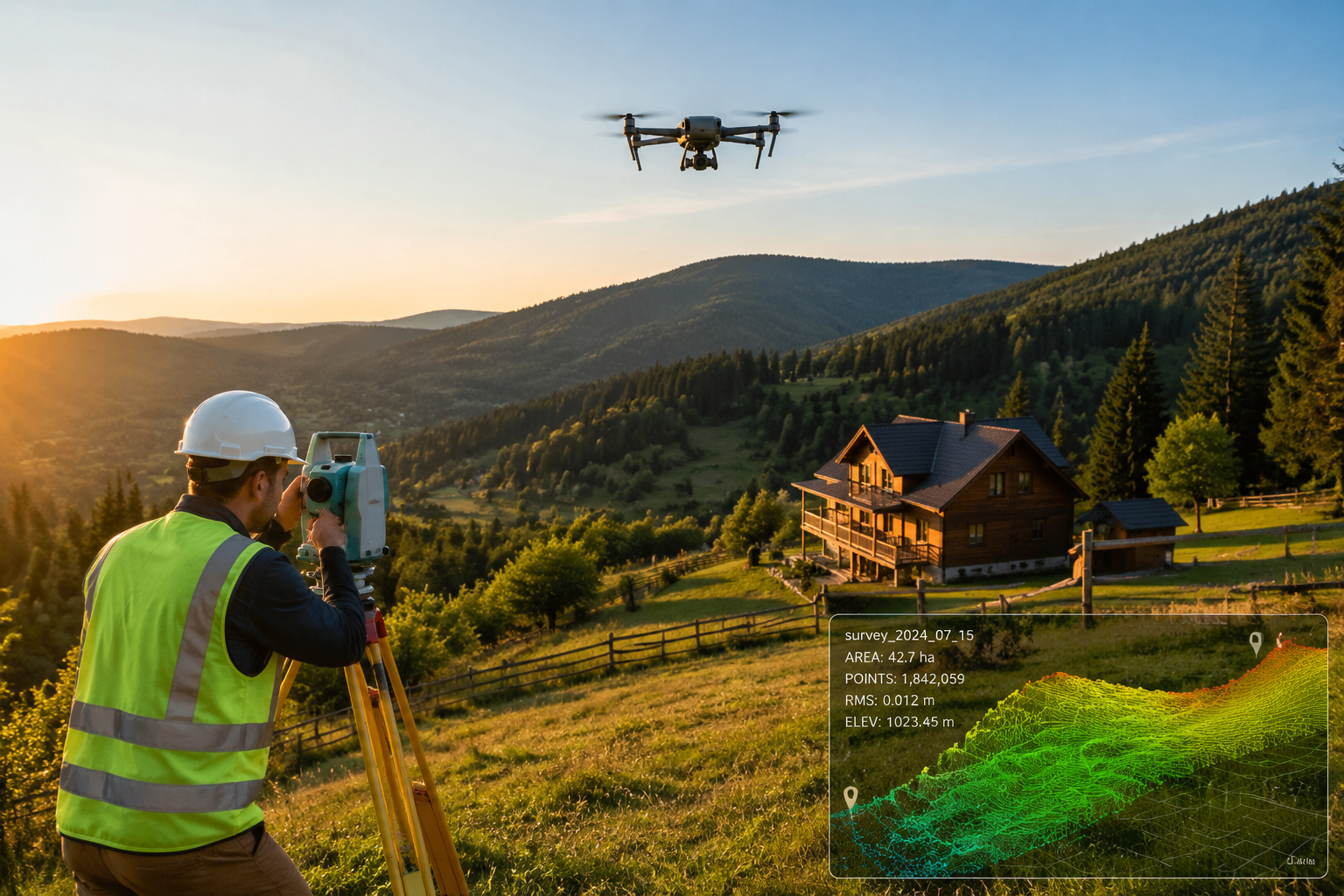 Wide-angle editorial landscape () showing a professional land surveyor using a total station instrument on a hillside rural