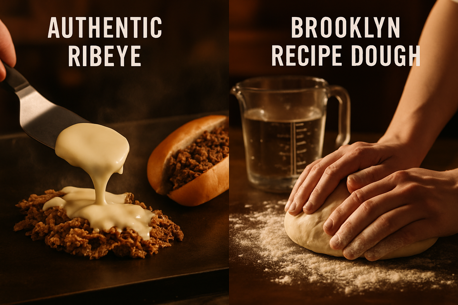 Landscape image (1536x1024) showcasing authentic Philly cheesesteak preparation process with ribeye steak being grilled on flat-top grill, m