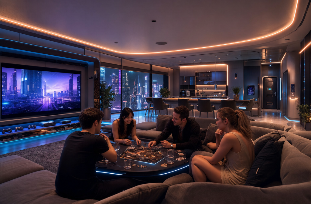 A detailed () image showcasing a stylish, fully automated Airbnb interior designed for small group parties in Cyber City.