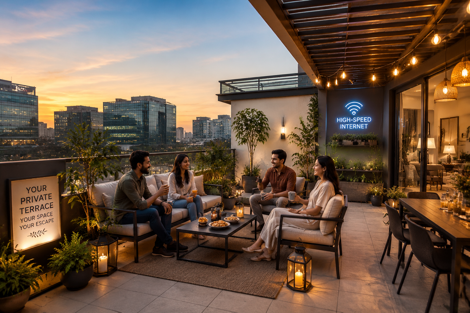 A detailed () image of a serene, private terrace space in an Udyog Vihar Airbnb, perfect for a peaceful small group
