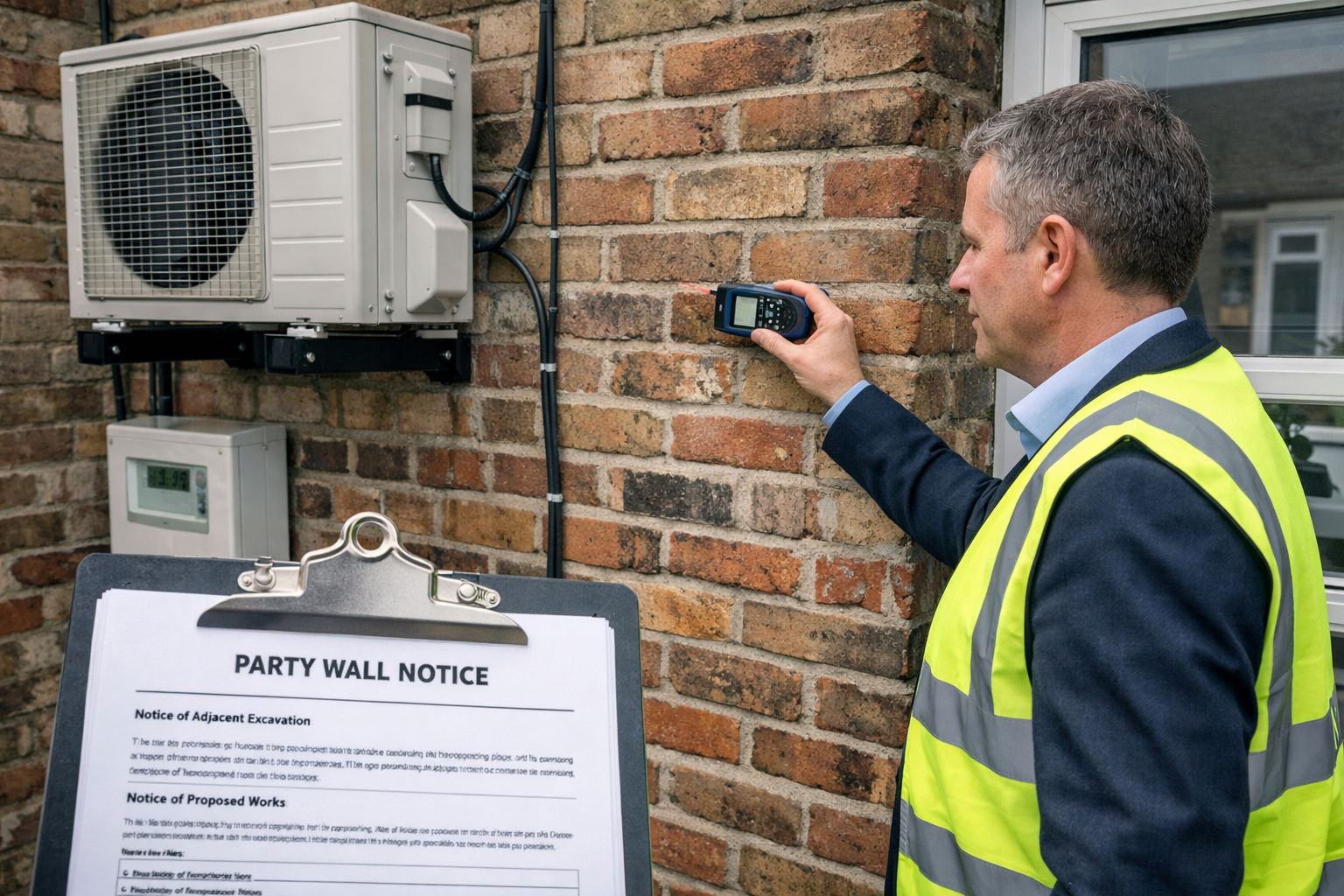 Detailed landscape format (1536x1024) photograph showing professional RICS-accredited party wall surveyor conducting site inspection at resi