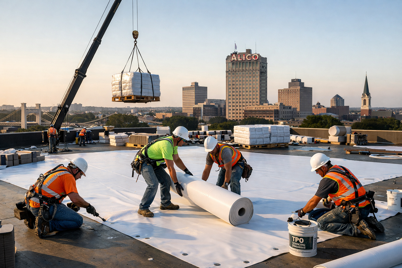 Commercial roofing installation scene in Waco showing professional roofers in safety gear working on large flat commercial building roof wit