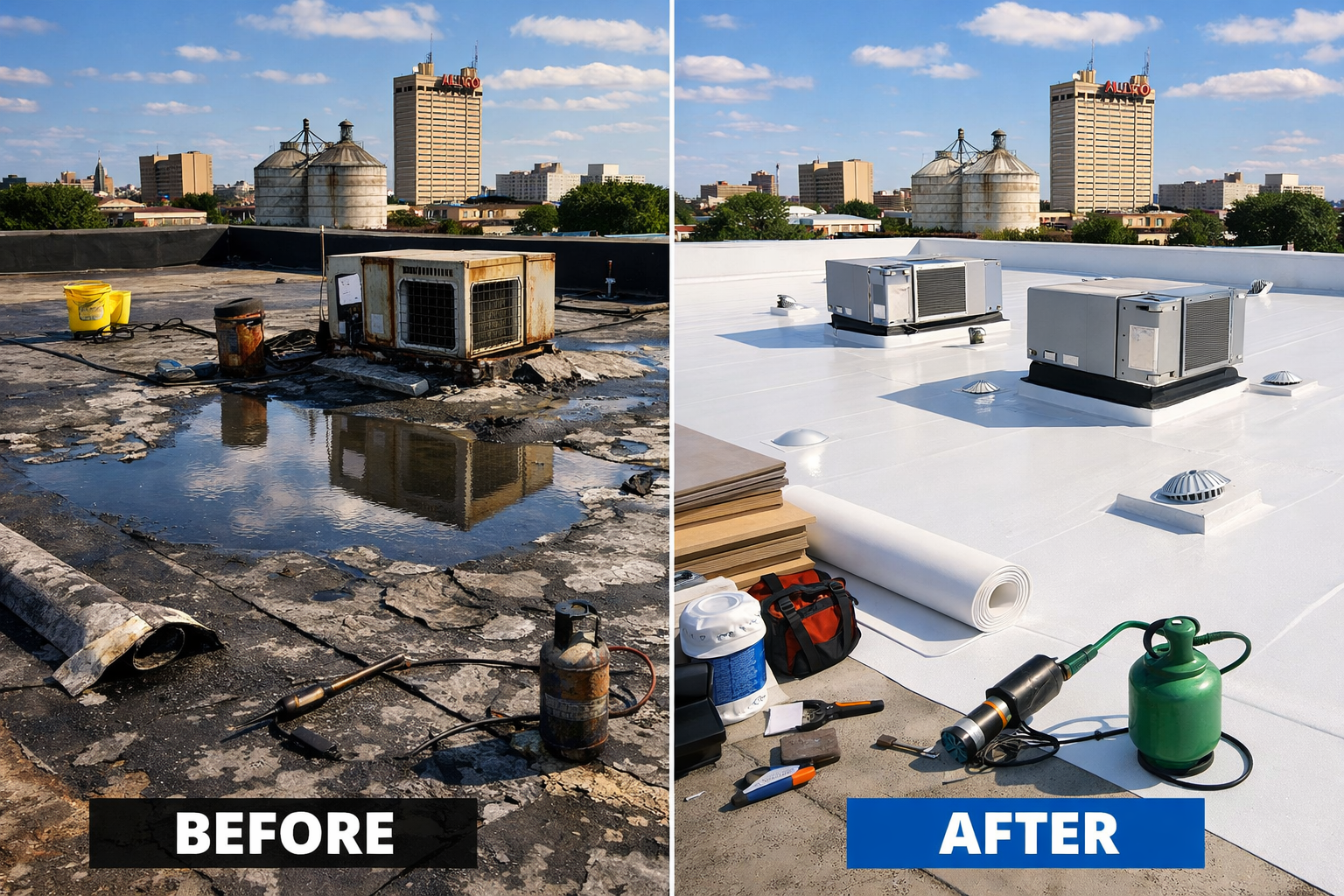 Split-screen comparison showing damaged commercial roof on left with visible leaks, ponding water, and deteriorated membrane versus beautifu