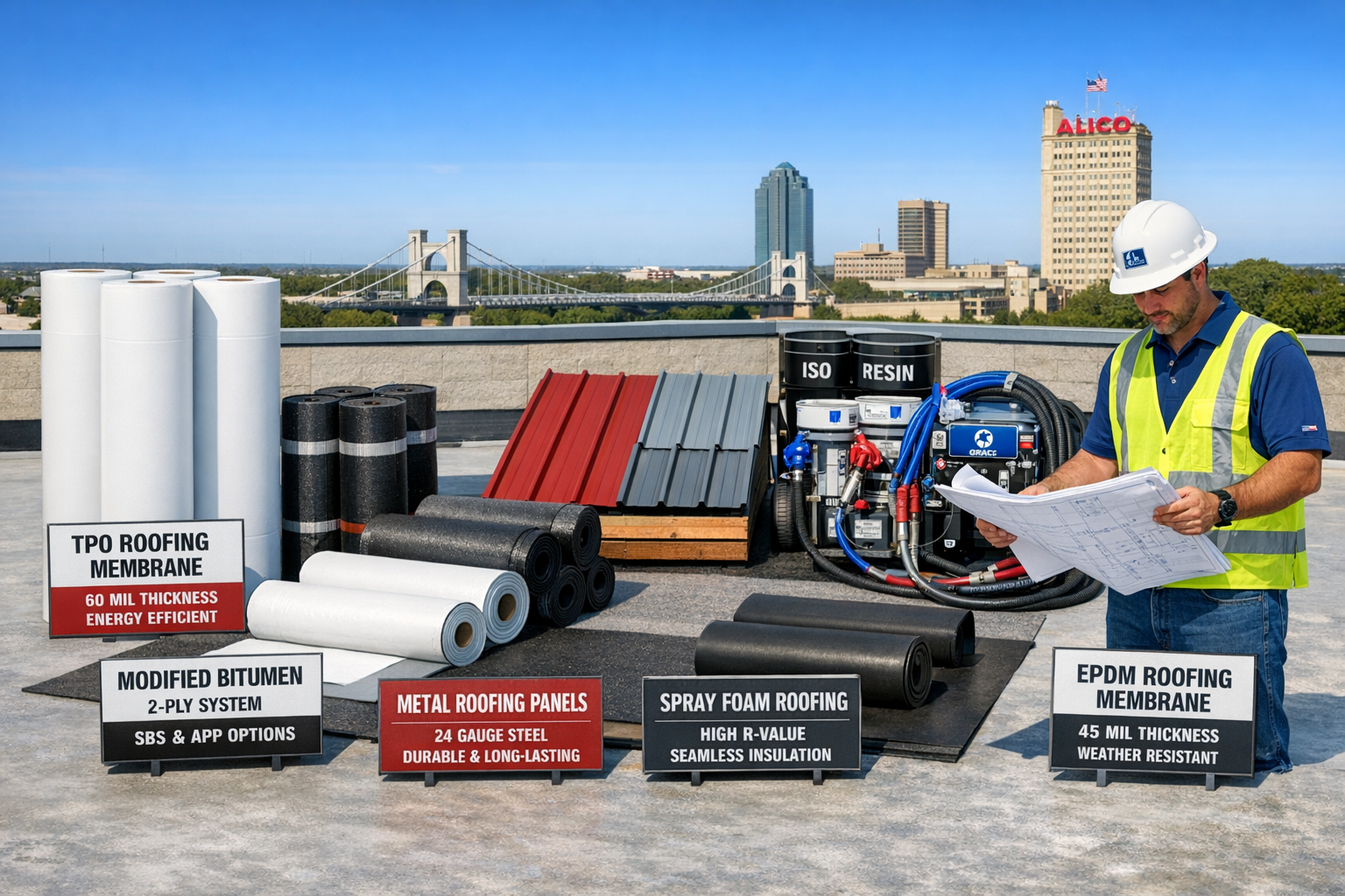 Professional commercial roofing material display showing various roofing systems: TPO white membrane rolls, modified bitumen sheets, metal r