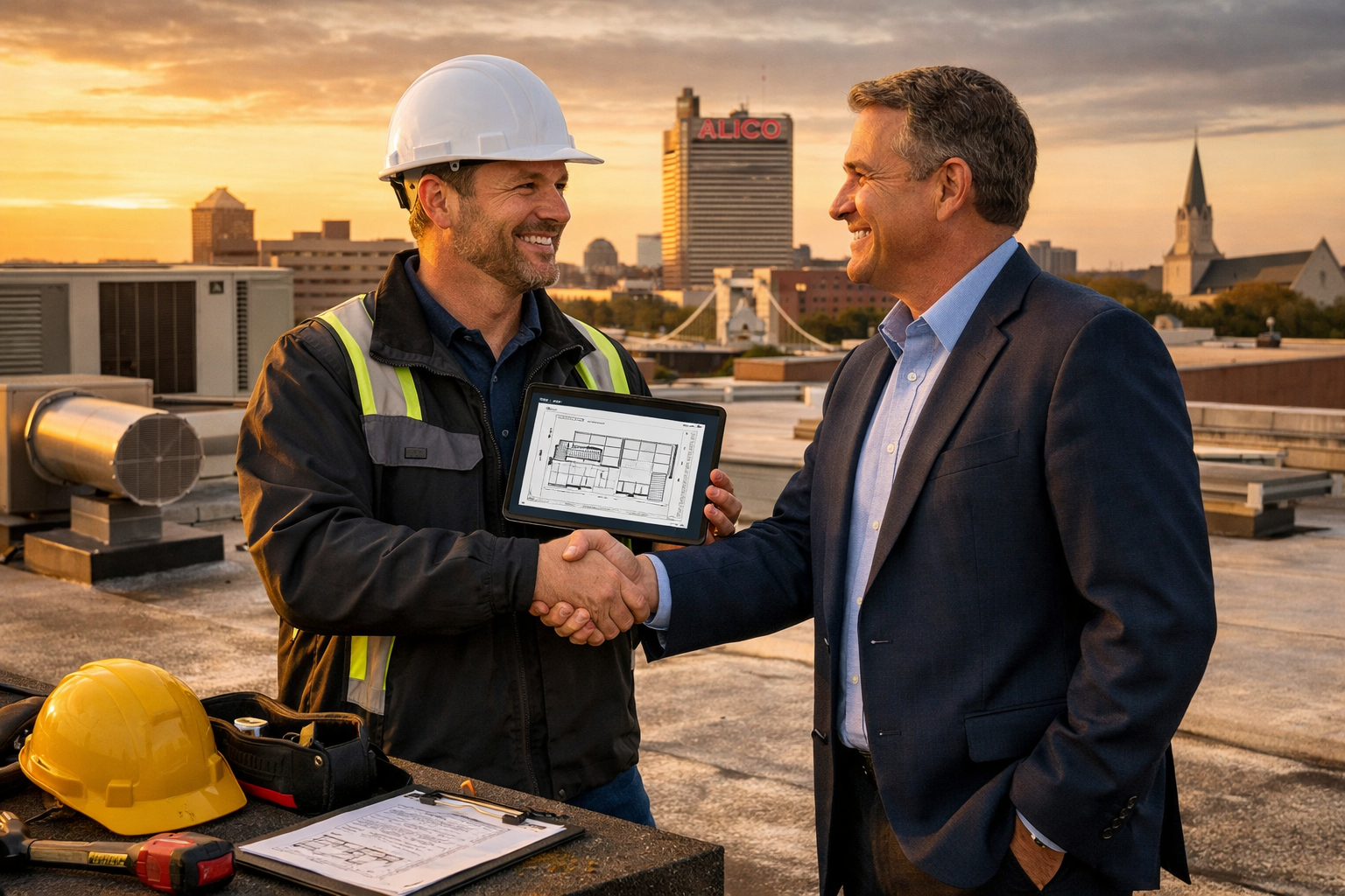 Professional roofing contractor consultation scene on Waco commercial building rooftop with contractor in hard hat showing tablet with roofi