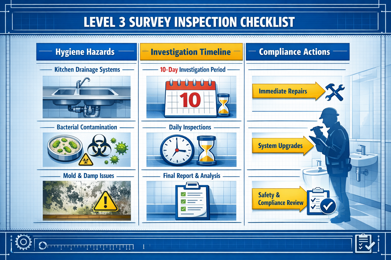 () detailed infographic showing Level 3 survey inspection checklist with three vertical columns labeled 'Hygiene Hazards',