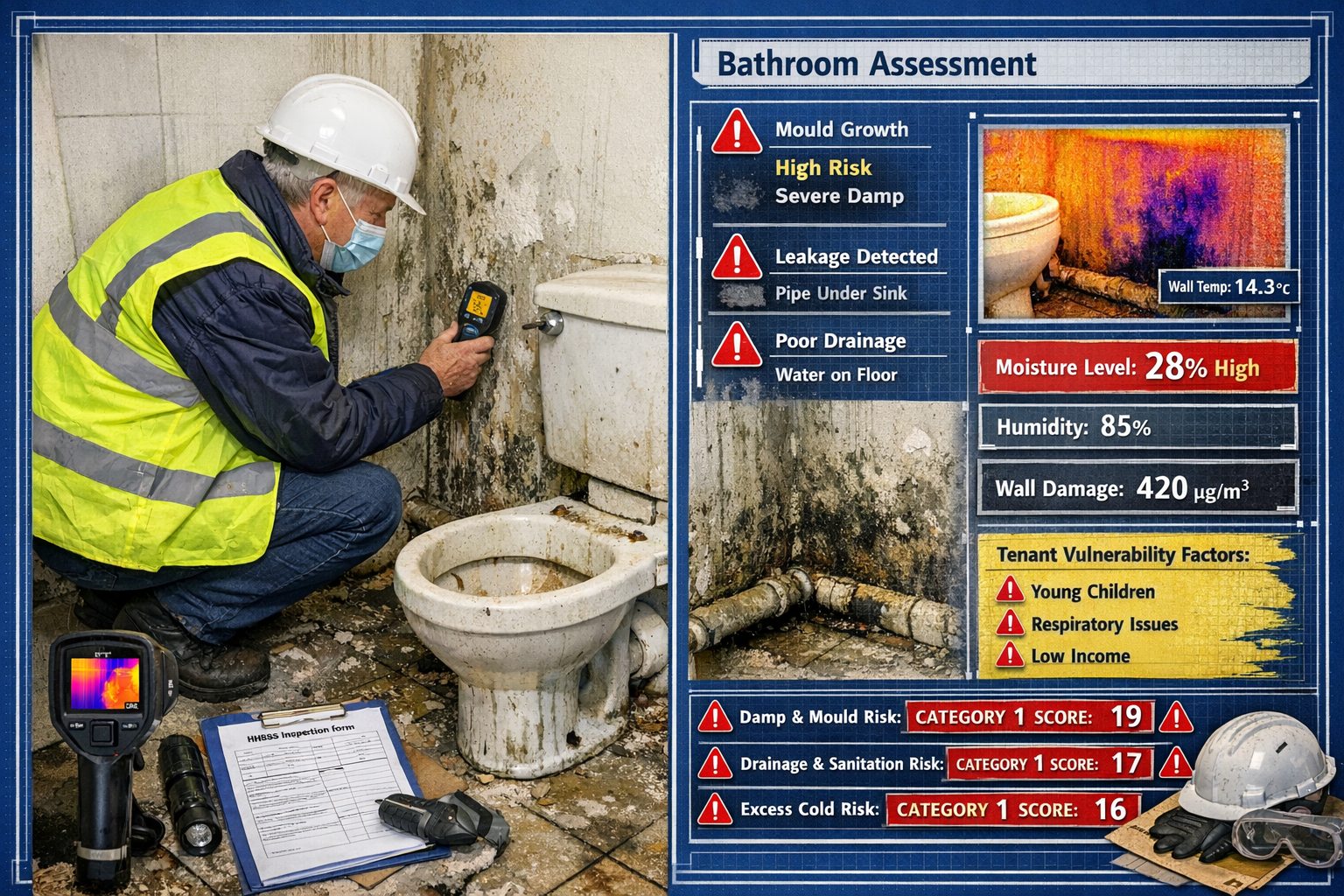 () split-screen composition showing rental property bathroom assessment. Left side displays surveyor conducting moisture