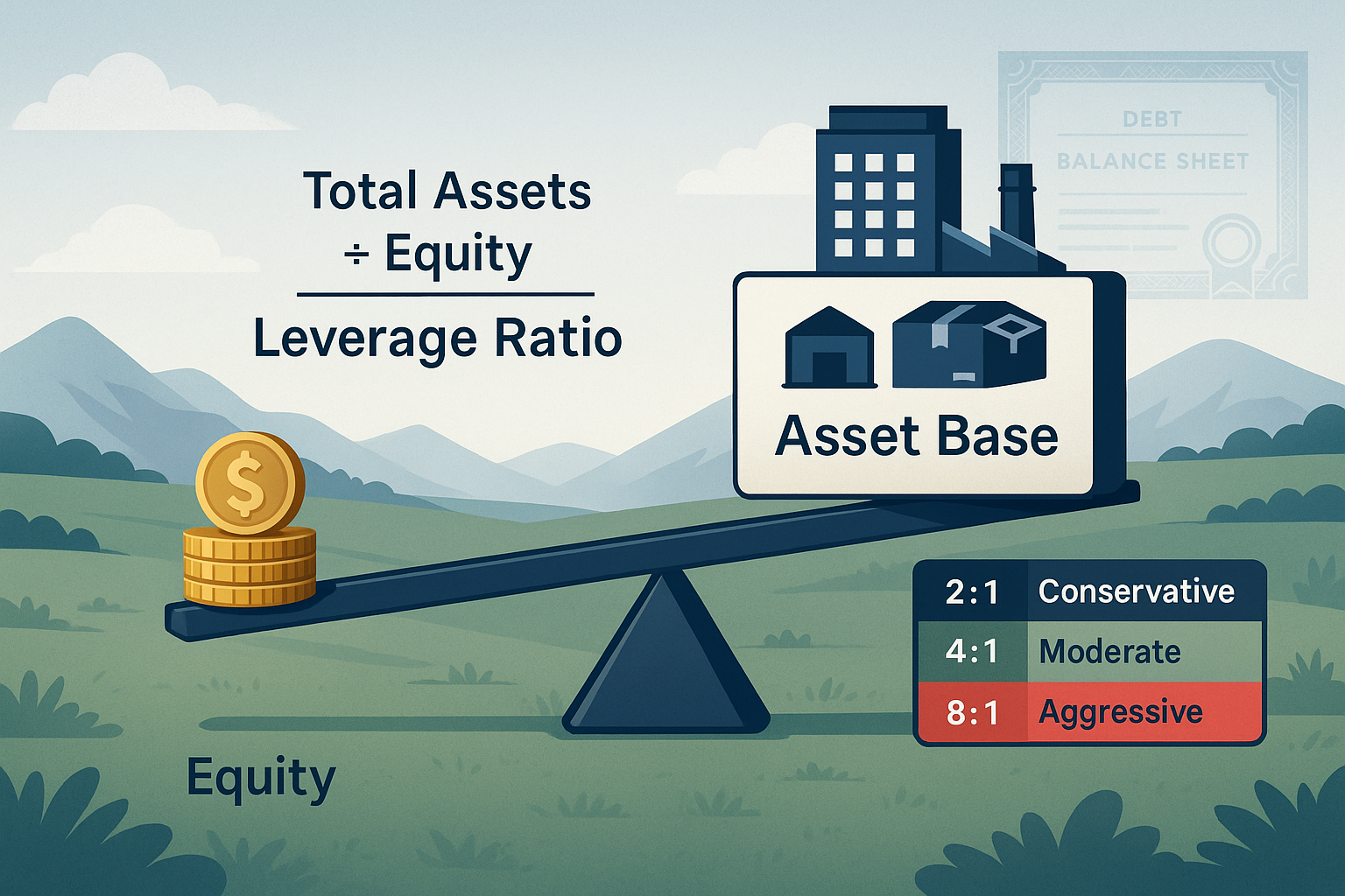Detailed landscape infographic (1536x1024) illustrating the fundamental concept of financial leverage with visual metaphor of a physical lev