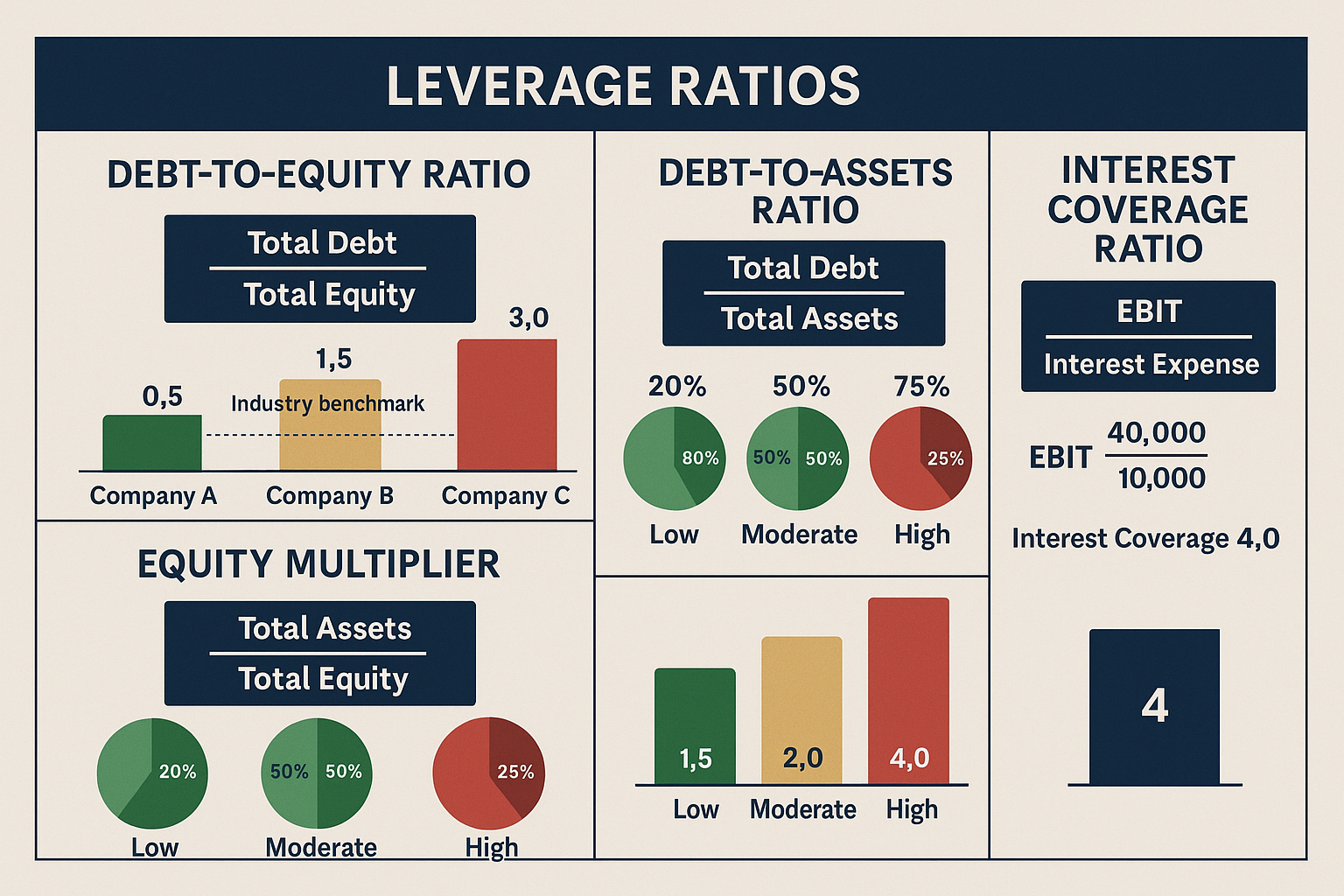 Comprehensive landscape chart (1536x1024) displaying all major leverage ratio types in organized grid format. Top row shows Debt-to-Equity r