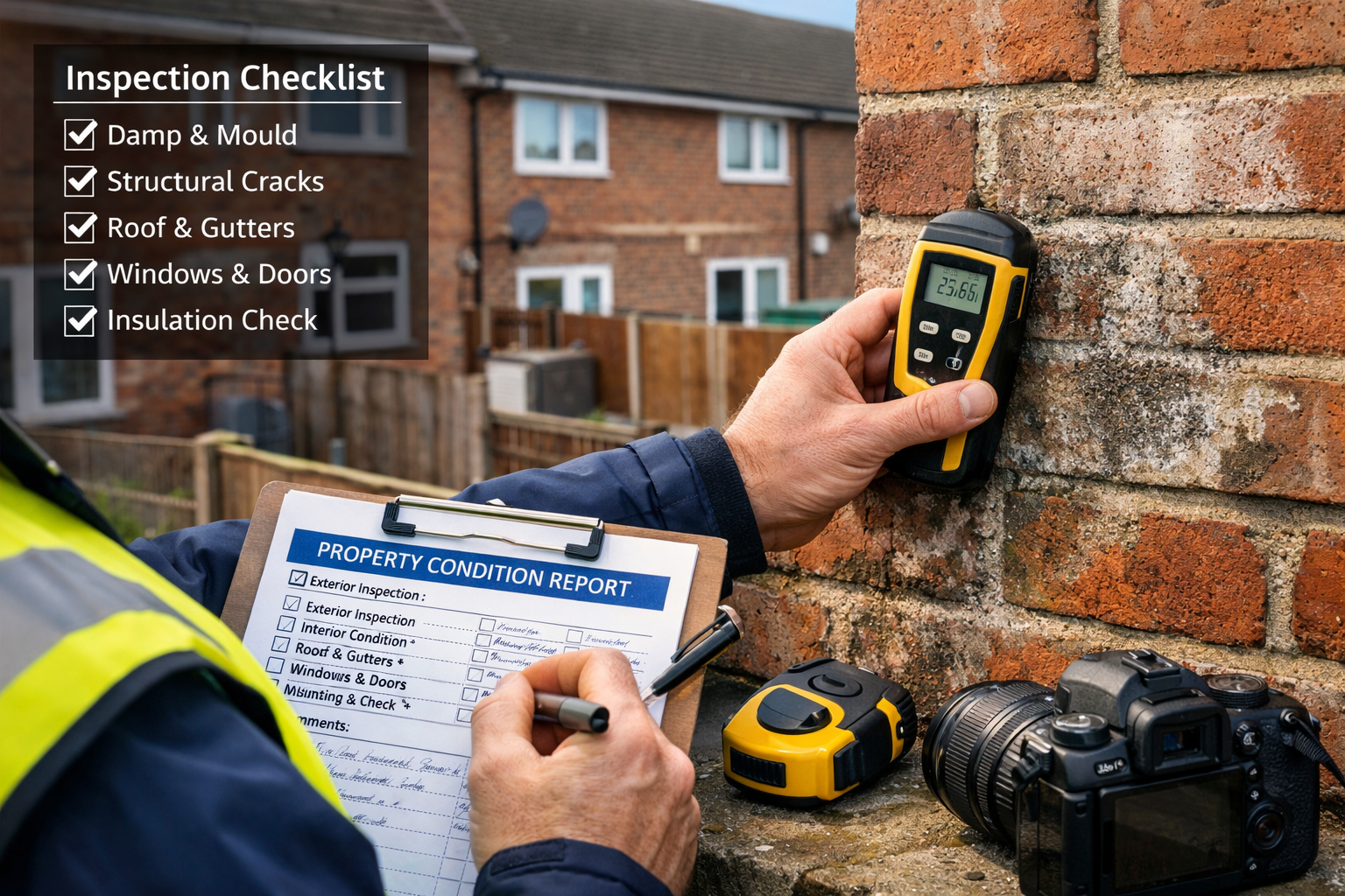 Detailed landscape editorial image (1536x1024) showing professional surveyor conducting thorough inspection of council housing property exte