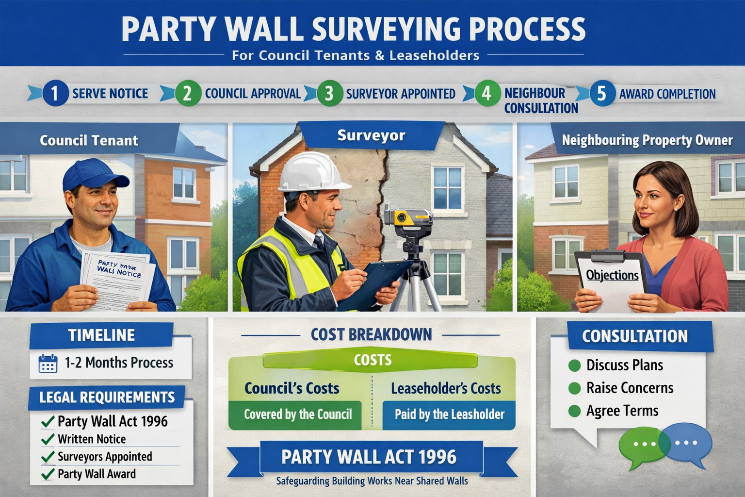 Comprehensive landscape infographic image (1536x1024) displaying party wall surveying process flowchart specifically for council housing ten