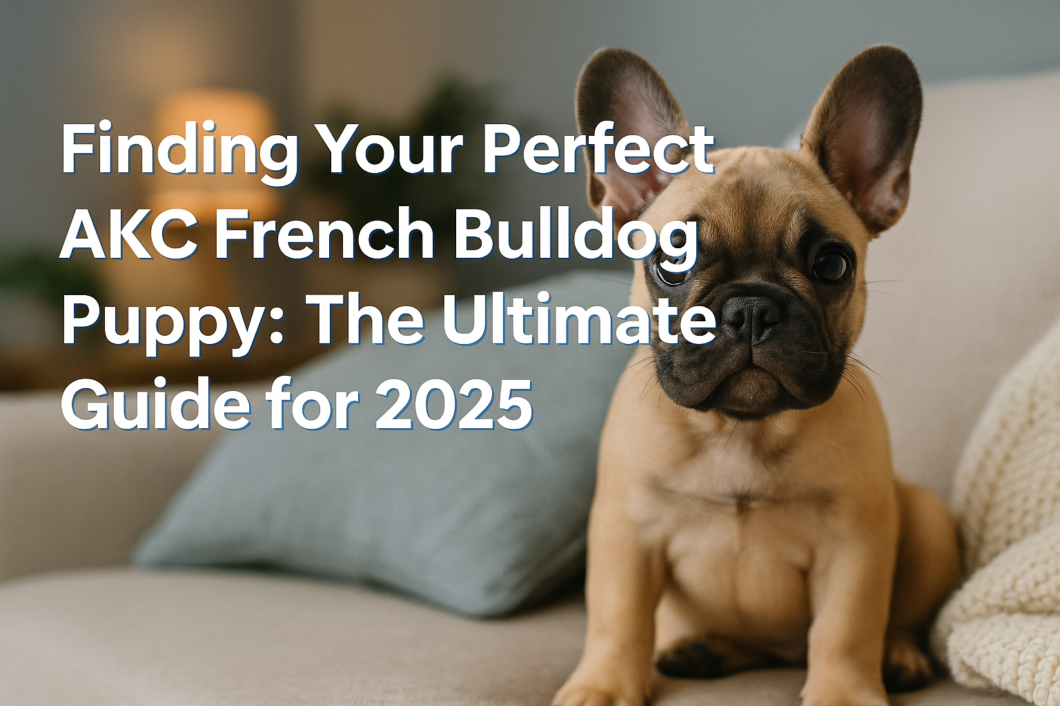Professional landscape hero image (1536x1024) with bold text overlay: 'Finding Your Perfect AKC French Bulldog Puppy: The Ultimate Guide for