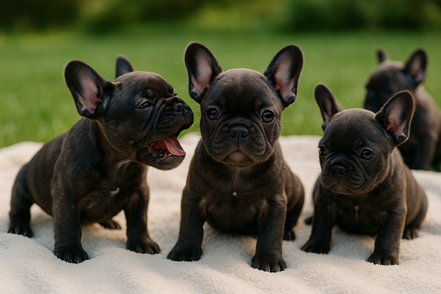 A vibrant, high-definition landscape image (1536x1024) showcasing a litter of healthy, playful AKC French Bulldog puppies with distinct 'bat