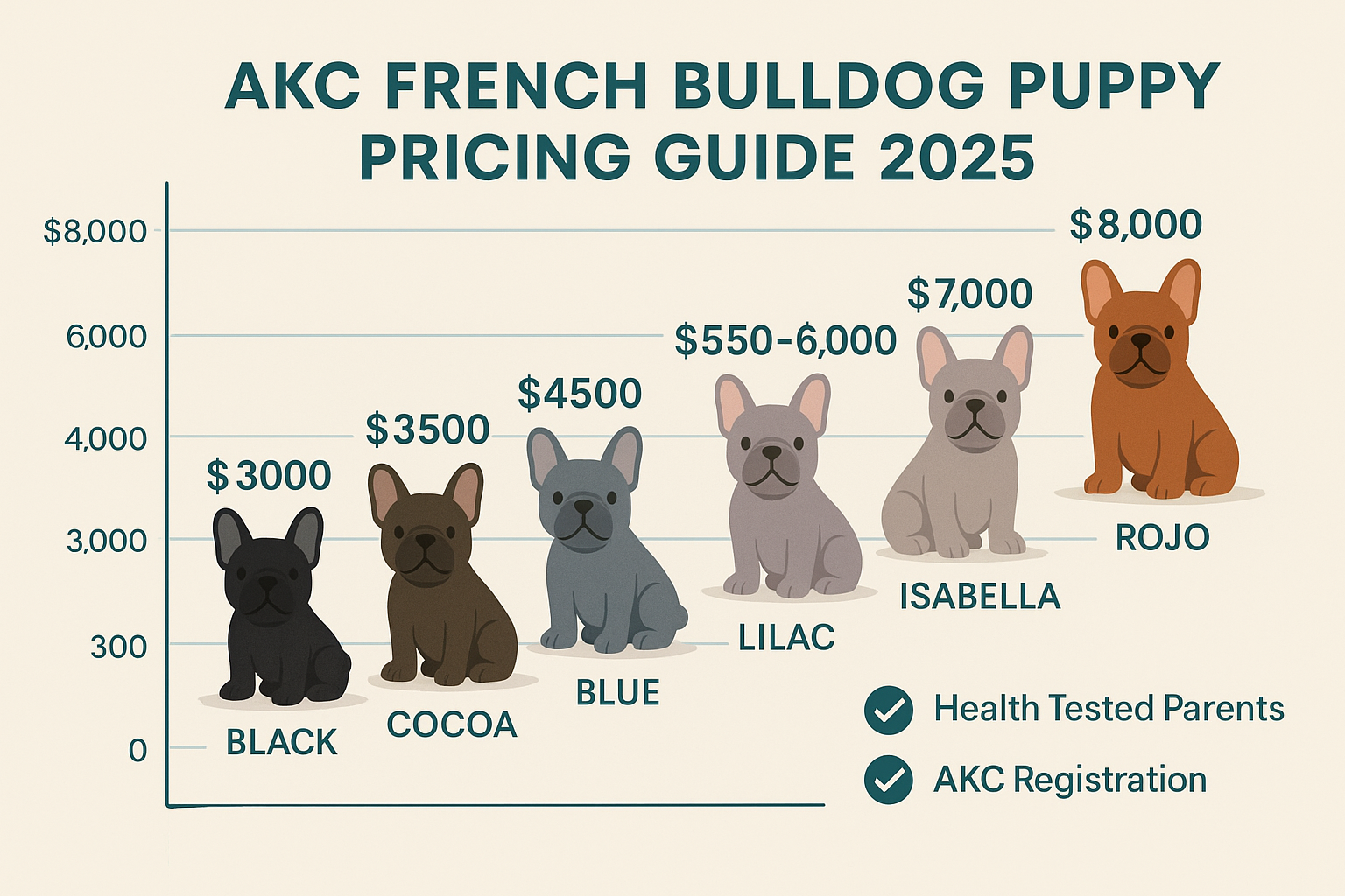 An informative, clean landscape infographic (1536x1024) titled 'AKC French Bulldog Puppy Pricing Guide 2025' with a clear, easy-to-read pric