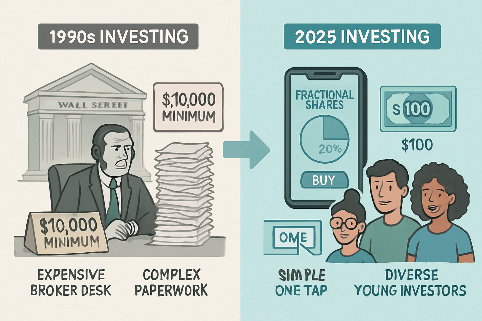 Detailed infographic illustration showing barrier comparison timeline (1536x1024 landscape): Left side labeled '1990s Investing' features ex