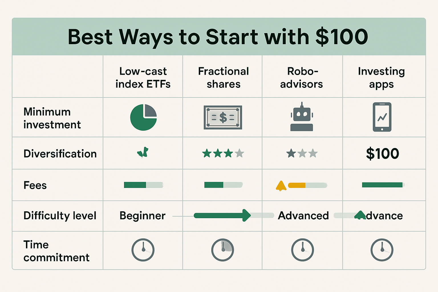 Comprehensive comparison table visualization (1536x1024 landscape) displaying four investment options for beginners: Low-cost index ETFs, fr