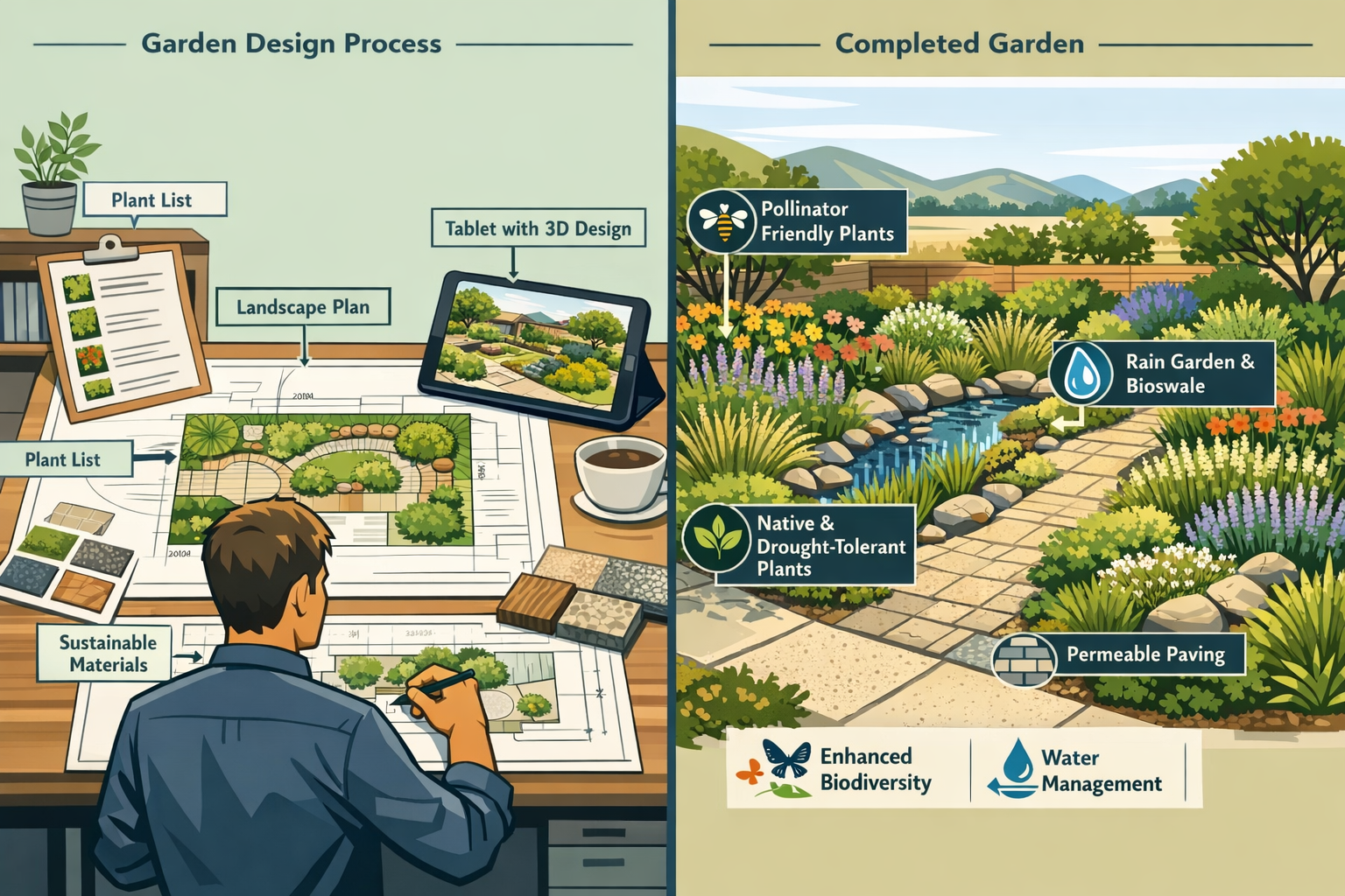 Landscape format (1536x1024) detailed illustration showing professional garden design process with split-screen composition: left side displ
