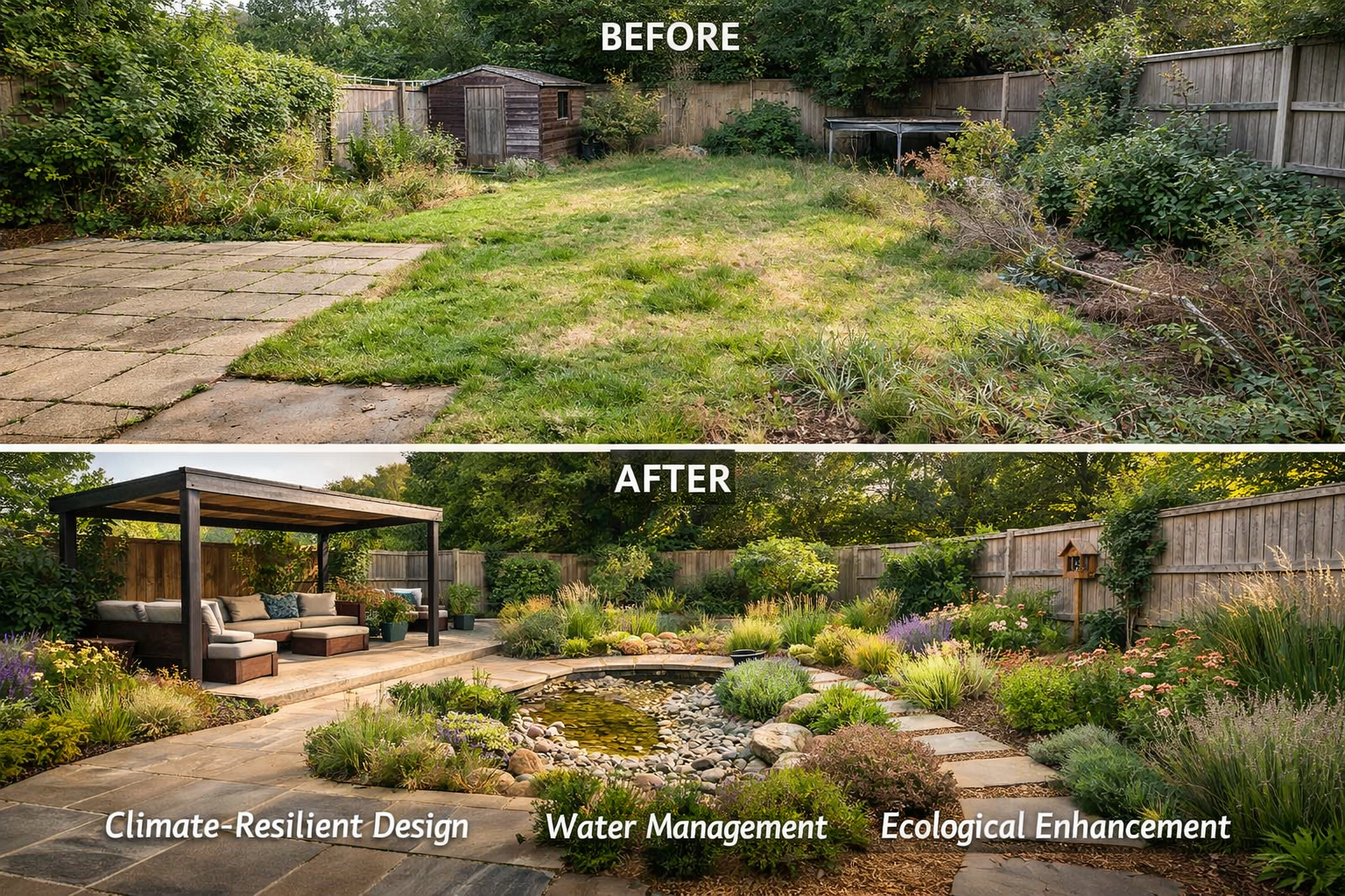 Landscape format (1536x1024) professional photograph of transformed British residential garden showcasing before-and-after comparison: top h