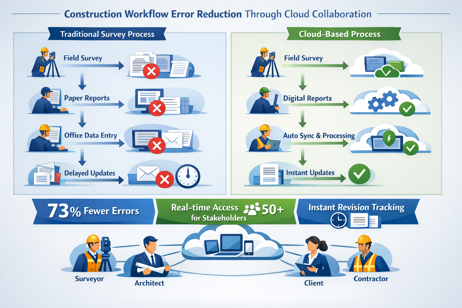 Detailed landscape format (1536x1024) infographic illustrating construction workflow error reduction through cloud collaboration. Central fl