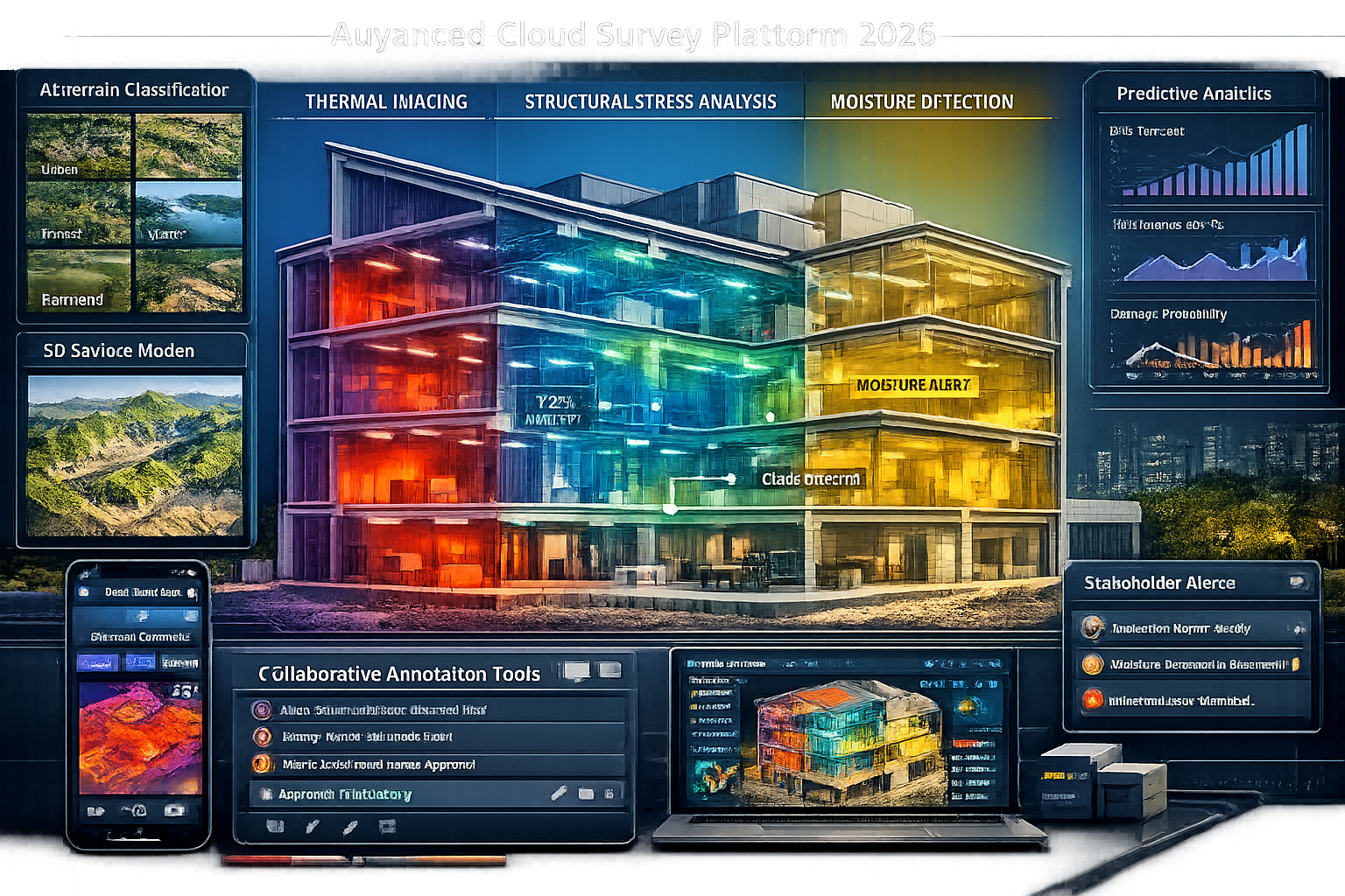 Detailed landscape format (1536x1024) technical illustration showing advanced cloud survey platform features for 2026. Main visual: large pr