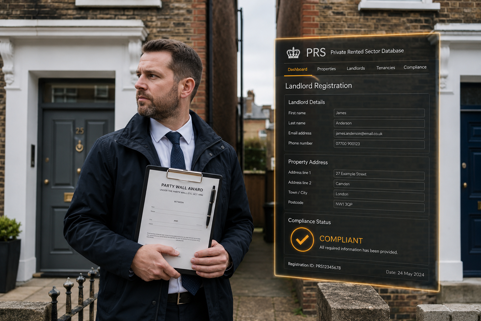 () editorial illustration showing a party wall surveyor in professional attire standing between two adjoining terraced