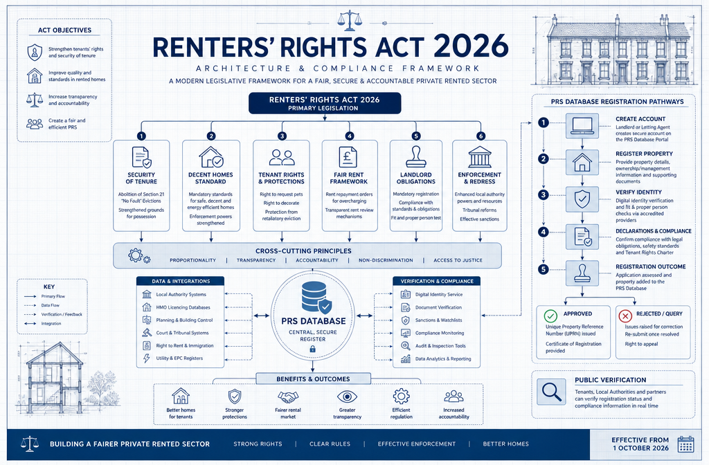 Detailed editorial infographic visualizing the Renters' Rights Act 2026 architecture, featuring a central flowchart mapping