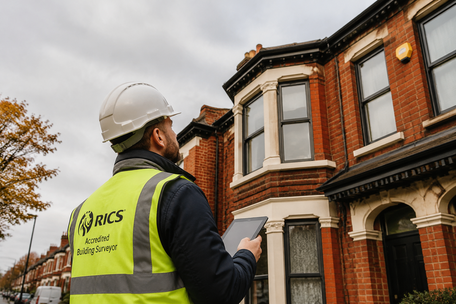() showing a RICS-accredited building surveyor in high-visibility vest and hard hat conducting a detailed inspection of a