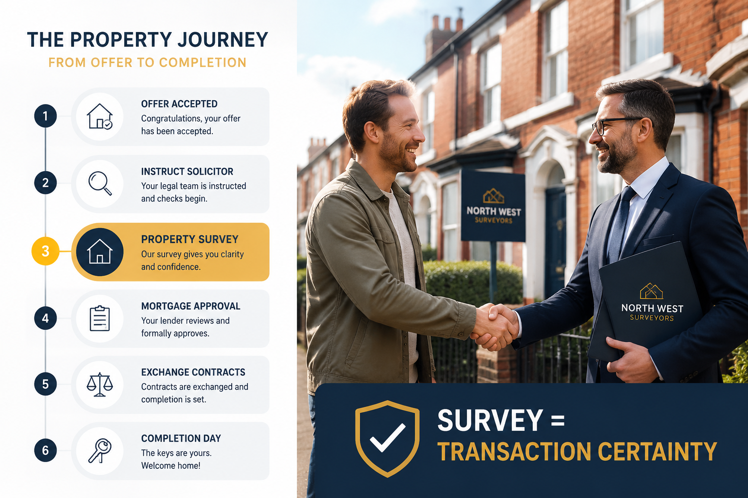 () split-composition image: left half shows a modern property transaction timeline flowchart with survey milestone