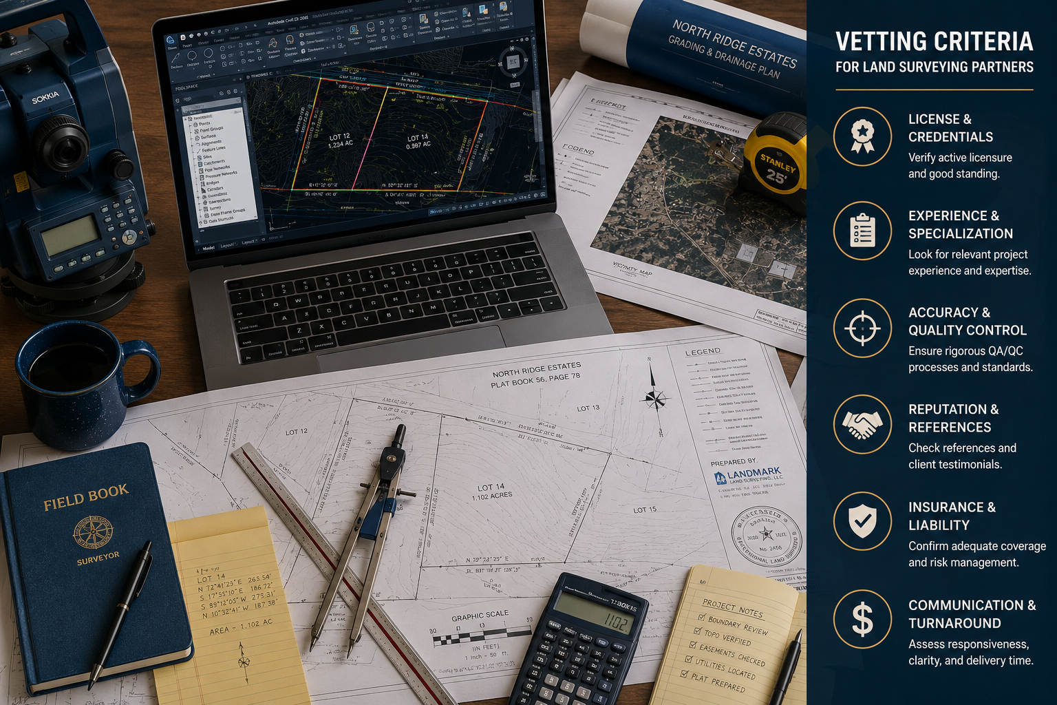 Wide-angle aerial perspective of a land surveyor's desk covered with technical blueprints, CAD printouts, measuring