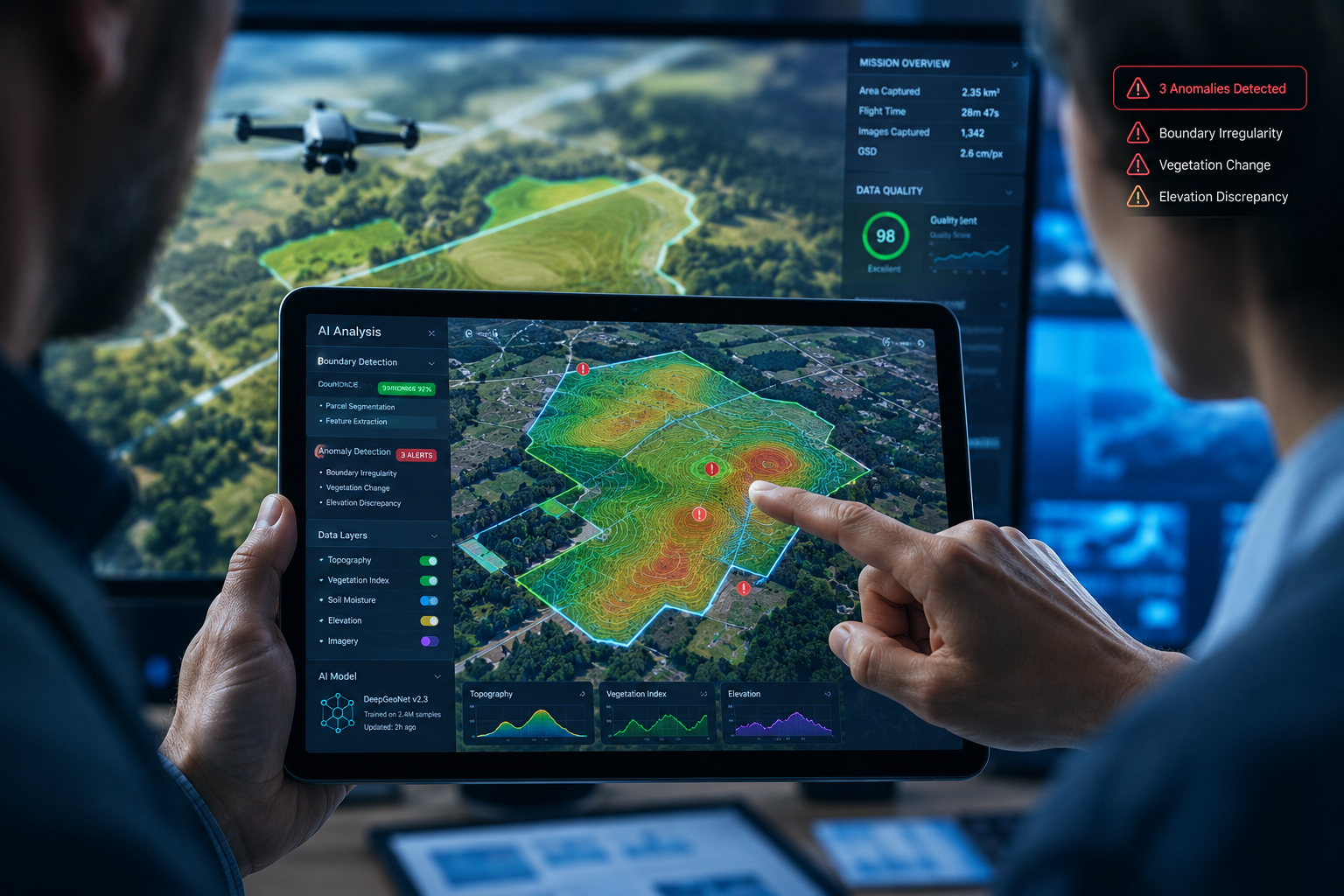 Close-up shot of two professionals reviewing a digital tablet showing GIS mapping software with AI-assisted land boundary