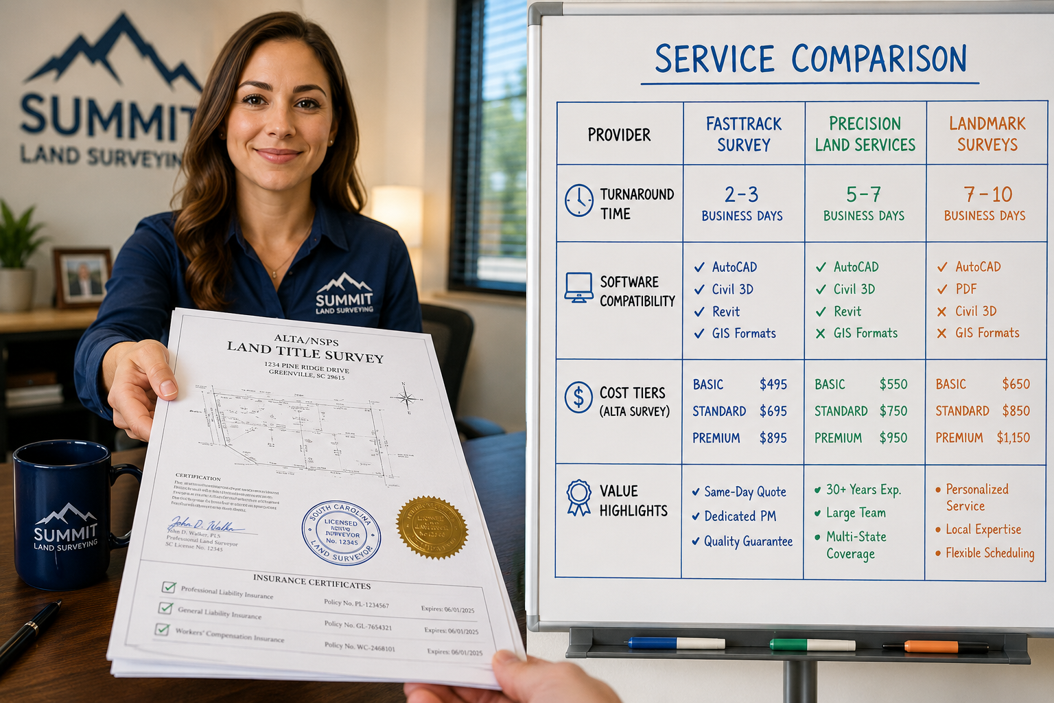 Split-composition image: left side shows a confident surveying professional handing over a completed land survey document