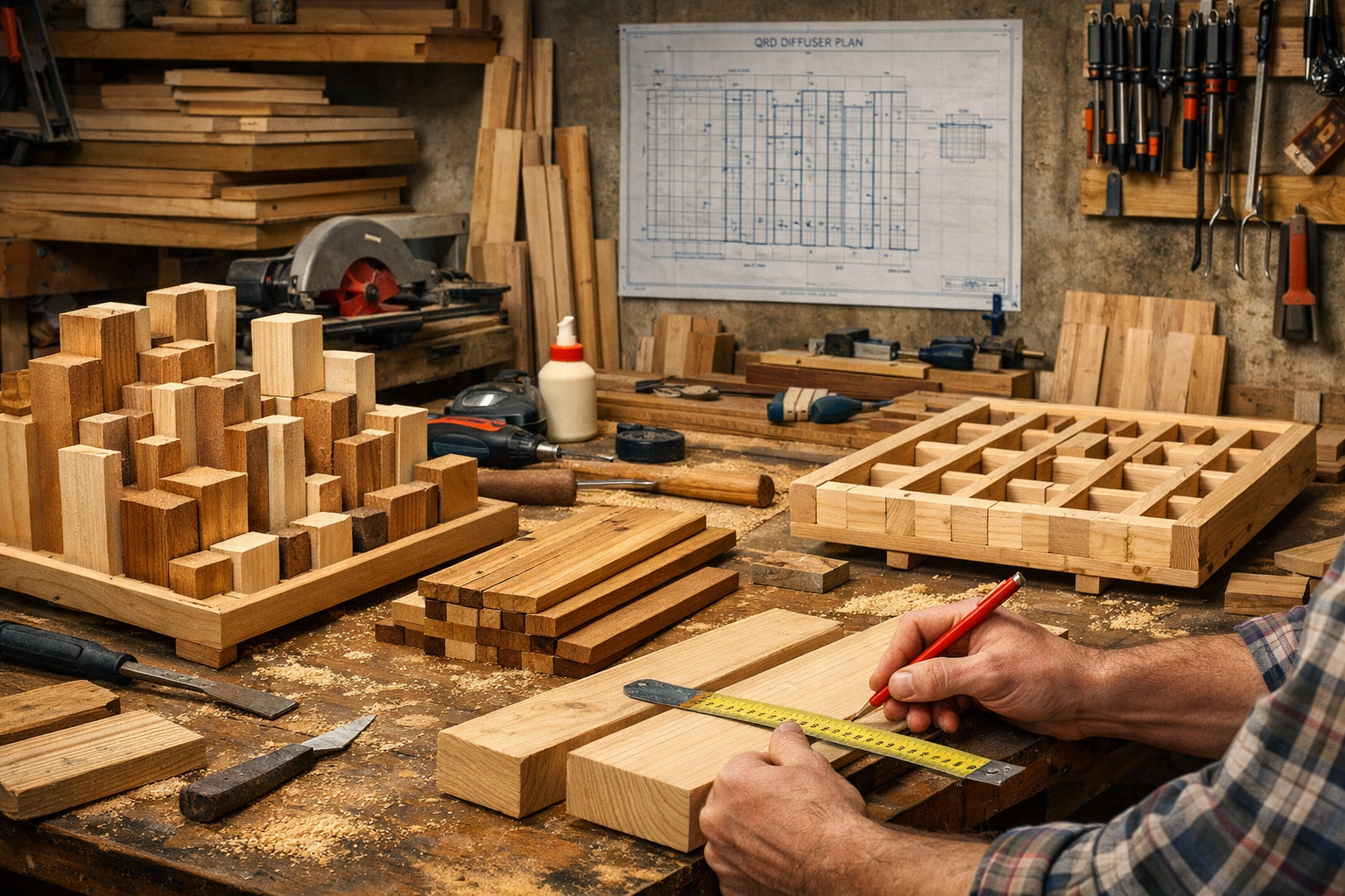 A detailed () image showcasing a woodworking workshop filled with various types of wood, tools like saws, drills, and